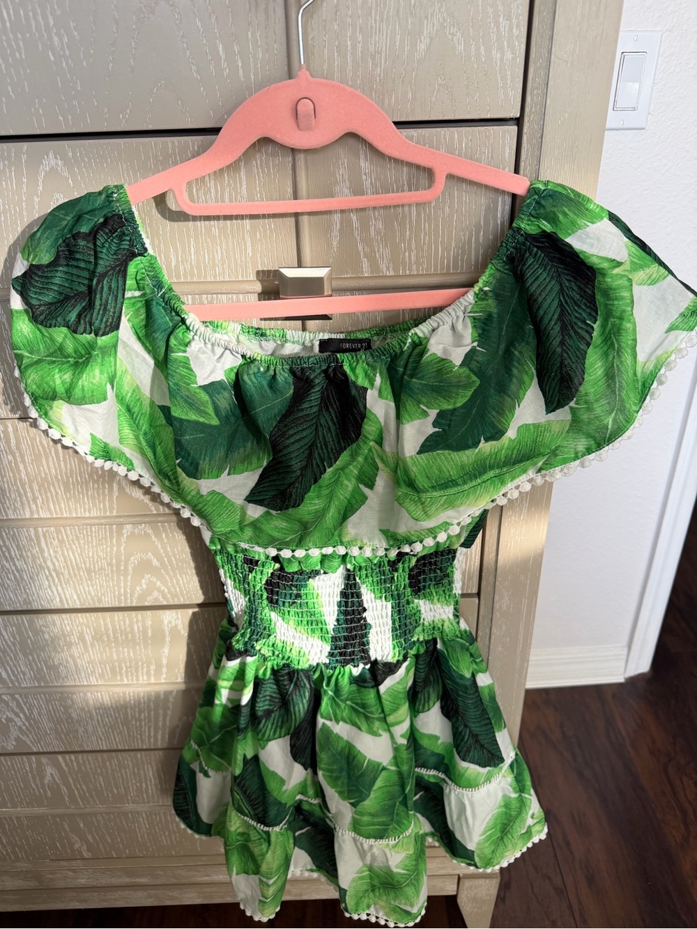 Forever 21 Green Leaf Print Off-Shoulder Dress